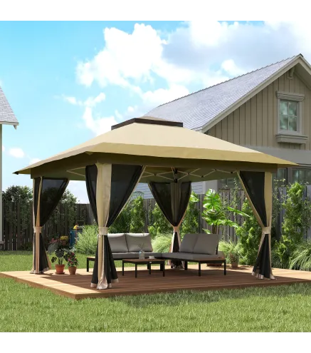 Cenador Plegable 3,6x3,6 m con Laterales de Malla UPF50+ Altura Ajustable Bolsa con Ruedas y Bolsas de Arena Beige