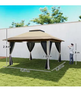 Cenador Plegable 3,6x3,6 m con Laterales de Malla UPF50+ Altura Ajustable Bolsa con Ruedas y Bolsas de Arena Beige