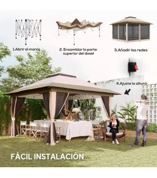 Cenador Plegable 3,6x3,6 m con Laterales de Malla UPF50+ Altura Ajustable Bolsa con Ruedas y Bolsas de Arena Beige