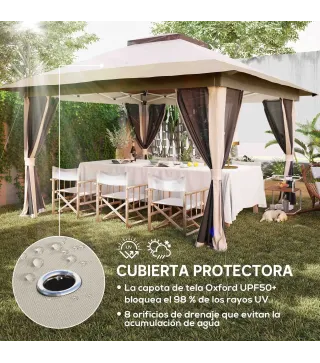 Cenador Plegable 3,6x3,6 m con Laterales de Malla UPF50+ Altura Ajustable Bolsa con Ruedas y Bolsas de Arena Beige