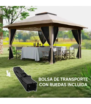 Cenador Plegable 3,6x3,6 m con Laterales de Malla UPF50+ Altura Ajustable Bolsa con Ruedas y Bolsas de Arena Beige