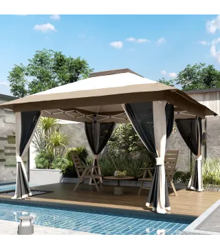 Cenador Plegable 3,6x3,6 m con Laterales de Malla UPF50+ Altura Ajustable Bolsa con Ruedas y Bolsas de Arena Beige