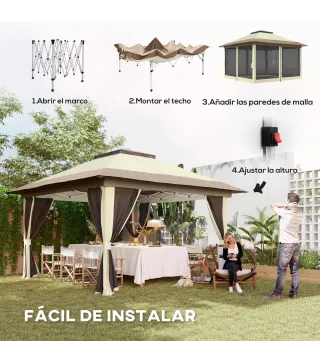 Cenador Plegable 3,6x3,6 m con Laterales de Malla UPF50+ Altura Ajustable Bolsa con Ruedas y Bolsas de Arena Crema