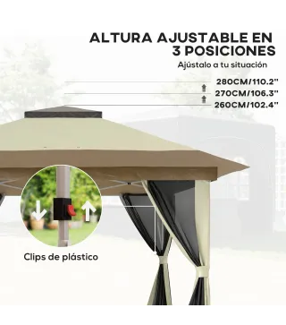 Cenador Plegable 3,6x3,6 m con Laterales de Malla UPF50+ Altura Ajustable Bolsa con Ruedas y Bolsas de Arena Crema