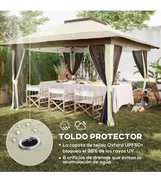 Cenador Plegable 3,6x3,6 m con Laterales de Malla UPF50+ Altura Ajustable Bolsa con Ruedas y Bolsas de Arena Crema