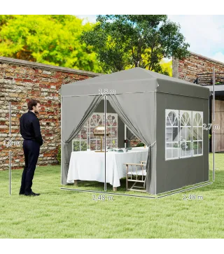 2,5x2,5 m Pabellón emergente con paredes laterales y bolsa de transporte, cenador ajustable en altura UPF50+, Gris claro