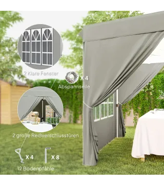 2,5x2,5 m Pabellón emergente con paredes laterales y bolsa de transporte, cenador ajustable en altura UPF50+, Gris claro