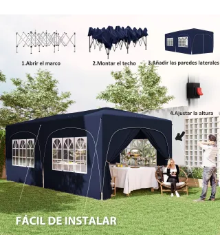 Cenador Plegable 3x6 m Gazabo con Paneles Laterales UPF50+ Altura Ajustable Bolsa de Transporte Azul Oscuro