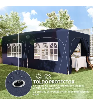 Cenador Plegable 3x6 m Gazabo con Paneles Laterales UPF50+ Altura Ajustable Bolsa de Transporte Azul Oscuro