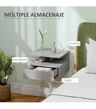 2 Mesitas de Noche Flotantes con 1 Cajón y Estante Abierto Diseño Moderno 35x32x22,5 cm Gris