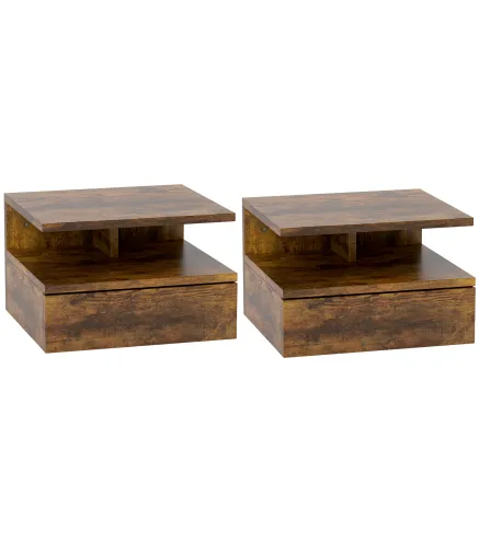 2 Mesitas de Noche Flotantes con 1 Cajón y Estante Abierto Diseño Moderno 35x32x22,5 cm Marrón Rústico