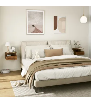 2 Mesitas de Noche Flotantes con 1 Cajón y Estante Abierto Diseño Moderno 35x32x22,5 cm Marrón Rústico