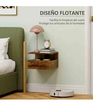 2 Mesitas de Noche Flotantes con 1 Cajón y Estante Abierto Diseño Moderno 35x32x22,5 cm Marrón Rústico