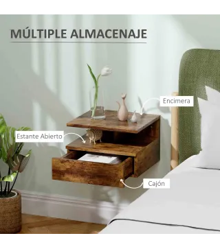 2 Mesitas de Noche Flotantes con 1 Cajón y Estante Abierto Diseño Moderno 35x32x22,5 cm Marrón Rústico