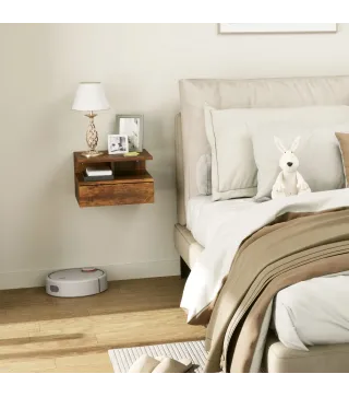 2 Mesitas de Noche Flotantes con 1 Cajón y Estante Abierto Diseño Moderno 35x32x22,5 cm Marrón Rústico