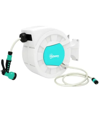 Manguera Retráctil de Pared con Carrete de 25+2 m con Bloqueo Retorno Automático y Boquilla de 7 Funciones y Giro 180°