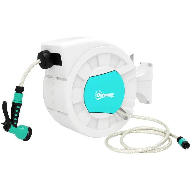 Manguera Retráctil de Pared con Carrete de 25+2 m con Bloqueo Retorno Automático y Boquilla de 7 Funciones y Giro 180°