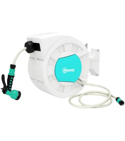 Manguera Retráctil de Pared con Carrete de 25+2 m con Bloqueo Retorno Automático y Boquilla de 7 Funciones y Giro 180°