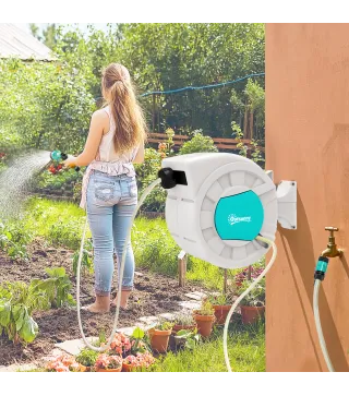 Manguera Retráctil de Pared con Carrete de 25+2 m con Bloqueo Retorno Automático y Boquilla de 7 Funciones y Giro 180°