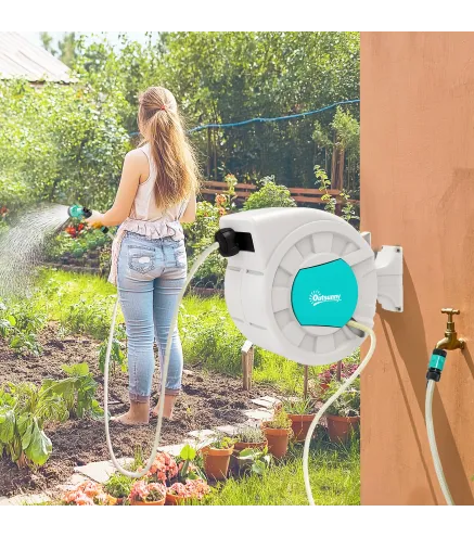 Manguera Retráctil de Pared con Carrete de 25+2 m con Bloqueo Retorno Automático y Boquilla de 7 Funciones y Giro 180°