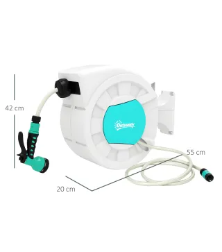 Manguera Retráctil de Pared con Carrete de 25+2 m con Bloqueo Retorno Automático y Boquilla de 7 Funciones y Giro 180°