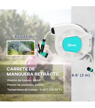 Manguera Retráctil de Pared con Carrete de 25+2 m con Bloqueo Retorno Automático y Boquilla de 7 Funciones y Giro 180°