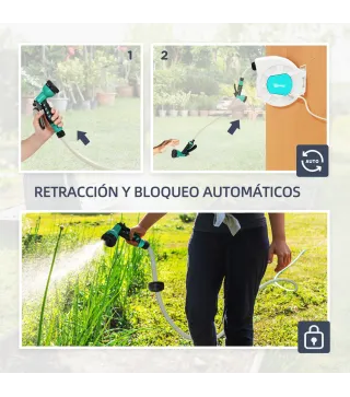 Manguera Retráctil de Pared con Carrete de 25+2 m con Bloqueo Retorno Automático y Boquilla de 7 Funciones y Giro 180°