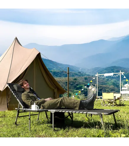 Tumbona Plegable con Respaldo Ajustable Reposacabezas Bolsillo Lateral Bandeja y Estructura de Acero 190x60x31 cm Negro