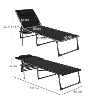 Tumbona Plegable con Respaldo Ajustable Reposacabezas Bolsillo Lateral Bandeja y Estructura de Acero 190x60x31 cm Negro