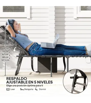 Tumbona Plegable con Respaldo Ajustable Reposacabezas Bolsillo Lateral Bandeja y Estructura de Acero 190x60x31 cm Negro