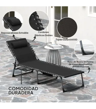Tumbona Plegable con Respaldo Ajustable Reposacabezas Bolsillo Lateral Bandeja y Estructura de Acero 190x60x31 cm Negro