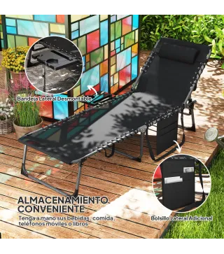 Tumbona Plegable con Respaldo Ajustable Reposacabezas Bolsillo Lateral Bandeja y Estructura de Acero 190x60x31 cm Negro