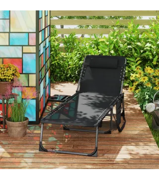 Tumbona Plegable con Respaldo Ajustable Reposacabezas Bolsillo Lateral Bandeja y Estructura de Acero 190x60x31 cm Negro