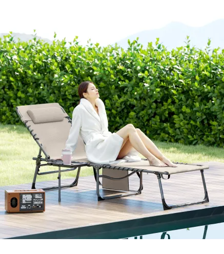 Tumbona Plegable con Respaldo Ajustable Reposacabezas Bolsillo Lateral Bandeja y Estructura de Acero 190x60x31 cm Crema