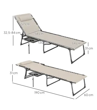 Tumbona Plegable con Respaldo Ajustable Reposacabezas Bolsillo Lateral Bandeja y Estructura de Acero 190x60x31 cm Crema