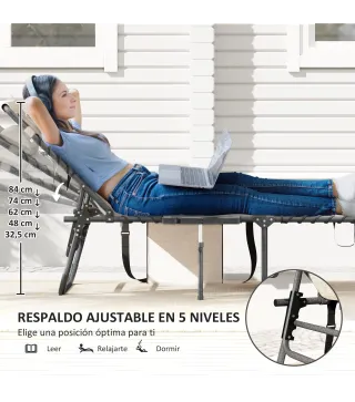 Tumbona Plegable con Respaldo Ajustable Reposacabezas Bolsillo Lateral Bandeja y Estructura de Acero 190x60x31 cm Crema