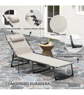 Tumbona Plegable con Respaldo Ajustable Reposacabezas Bolsillo Lateral Bandeja y Estructura de Acero 190x60x31 cm Crema
