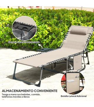 Tumbona Plegable con Respaldo Ajustable Reposacabezas Bolsillo Lateral Bandeja y Estructura de Acero 190x60x31 cm Crema