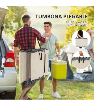 Tumbona Plegable con Respaldo Ajustable Reposacabezas Bolsillo Lateral Bandeja y Estructura de Acero 190x60x31 cm Crema