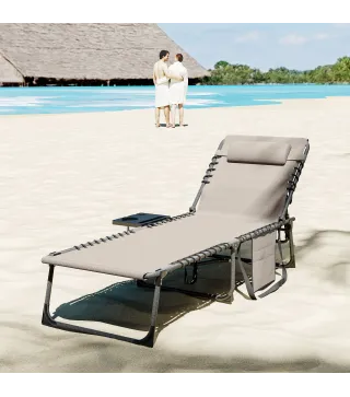 Tumbona Plegable con Respaldo Ajustable Reposacabezas Bolsillo Lateral Bandeja y Estructura de Acero 190x60x31 cm Crema