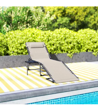 Tumbona Plegable con Respaldo Ajustable Reposacabezas Bolsillo Lateral Bandeja y Estructura de Acero 190x60x31 cm Crema