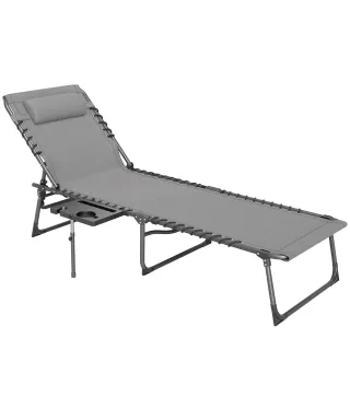 Tumbona Plegable con Respaldo Ajustable Reposacabezas Bolsillo Lateral Bandeja y Estructura de Acero 190x60x31 cm Gris