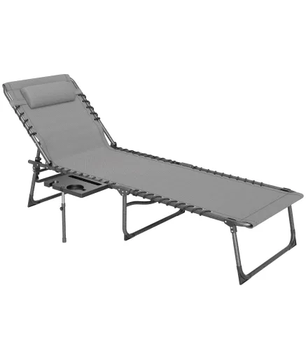 Tumbona Plegable con Respaldo Ajustable Reposacabezas Bolsillo Lateral Bandeja y Estructura de Acero 190x60x31 cm Gris