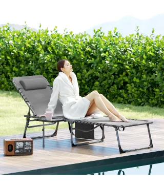 Tumbona Plegable con Respaldo Ajustable Reposacabezas Bolsillo Lateral Bandeja y Estructura de Acero 190x60x31 cm Gris