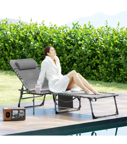 Tumbona Plegable con Respaldo Ajustable Reposacabezas Bolsillo Lateral Bandeja y Estructura de Acero 190x60x31 cm Gris