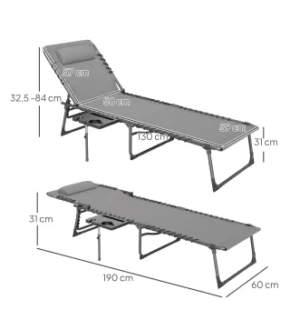 Tumbona Plegable con Respaldo Ajustable Reposacabezas Bolsillo Lateral Bandeja y Estructura de Acero 190x60x31 cm Gris