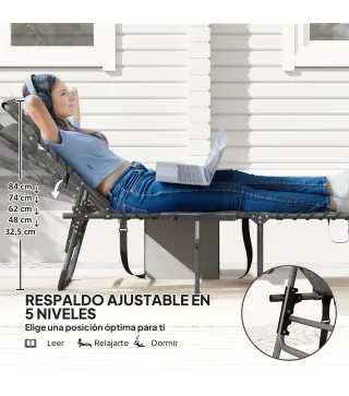 Tumbona Plegable con Respaldo Ajustable Reposacabezas Bolsillo Lateral Bandeja y Estructura de Acero 190x60x31 cm Gris