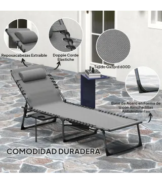 Tumbona Plegable con Respaldo Ajustable Reposacabezas Bolsillo Lateral Bandeja y Estructura de Acero 190x60x31 cm Gris