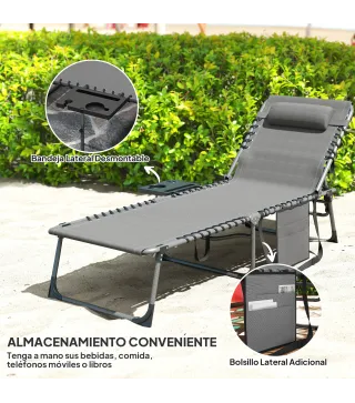 Tumbona Plegable con Respaldo Ajustable Reposacabezas Bolsillo Lateral Bandeja y Estructura de Acero 190x60x31 cm Gris
