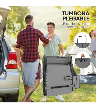 Tumbona Plegable con Respaldo Ajustable Reposacabezas Bolsillo Lateral Bandeja y Estructura de Acero 190x60x31 cm Gris